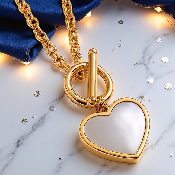 18K Gold Plated Heart Jewelry Set 💖Dainty Earrings & Necklace w/ Shell Inlay - Picture 11 of 14